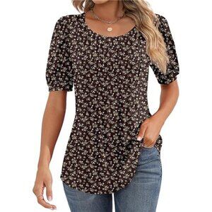 Women's Puff Short Sleeve Tunic Tops Pleated Crew Neck Blouses Casual Loose